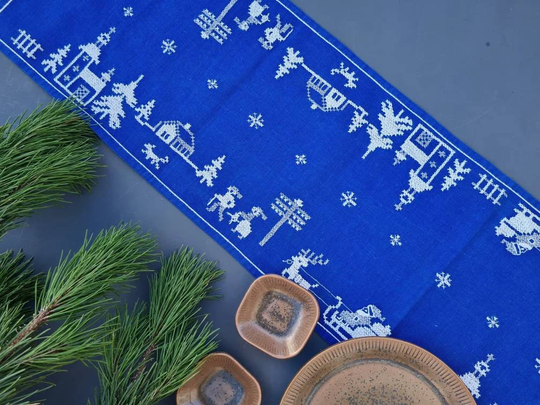 Danish Minimalistic Handmade Table Runner - 60S Or 70S, Handmade. Cotton With Embroidered Christmas Town. Decor. Xmas Joy