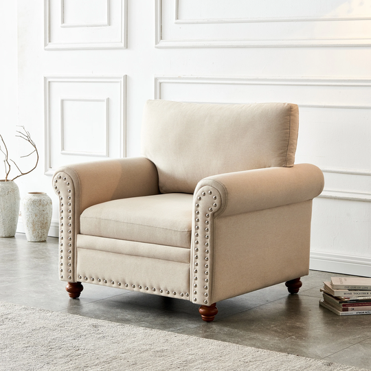 CTEX Fabric Cushioned Single Chair with Solid Wood Leg and Nailheads Trim
