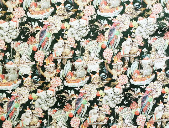 May Gibbs Christmas Gumnut Babies Adventure Green Floral Quilting Organic Cotton Fabric By 1/2 Yard Or Fat Quarter, Koala Kangaroo