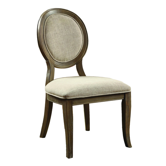 Fabric Upholstered Wooden Side Chair with Round Design Backrest, Set of 2, Brown and Beige - 37.75 H x 21 W x 24.5 L Inches
