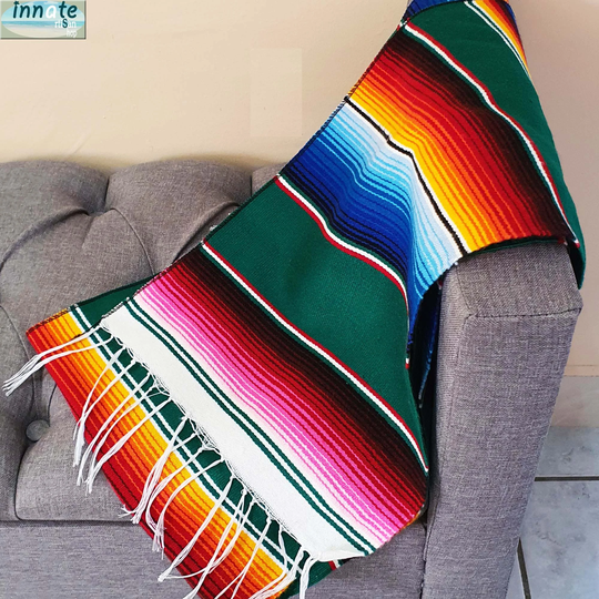 Authentic 7Ft Fine Green Serape, Table Runner, Woven, Serape Green, Mexican Decor