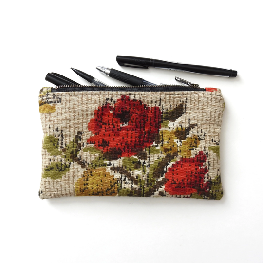 Floral Linen Pencil Case, Medium Zipper Pouch, Vintage Fabric