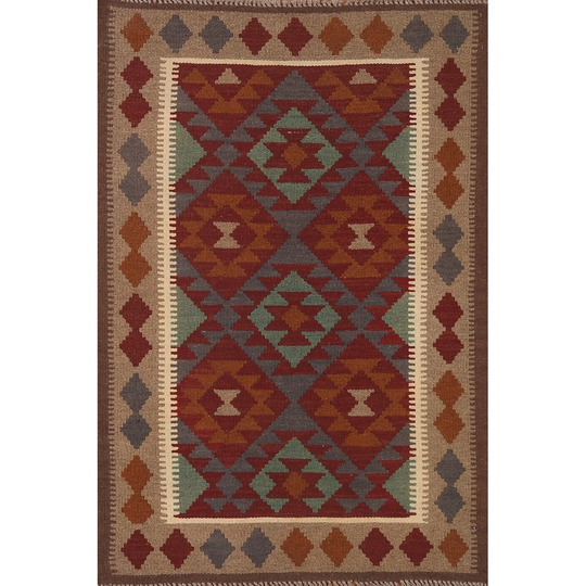 Geometric Kilim Reversible Area Rug Hand-woven Multi-Color Wool Carpet - 3'3" x 4'10"