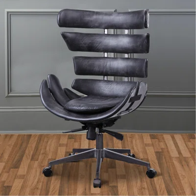 Metal Framed Wingback Office Chair with Leatherette Upholstered Horizontal Panels, Black and Gray