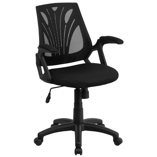 39" Jet Black Mid-Back Mesh Swivel Task Office Chair with Open Arms