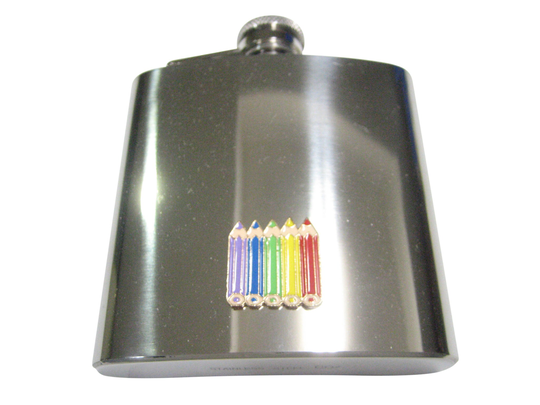 Colorful Set Of Color Pencils 6 Oz. Stainless Steel Flask