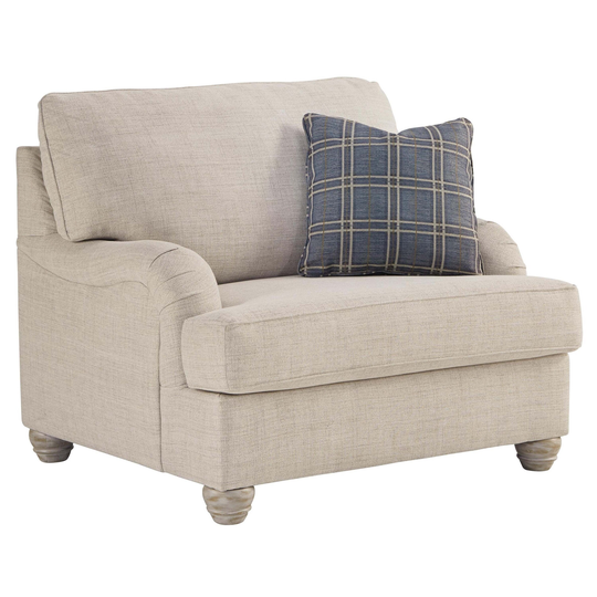Fabric Upholstered Wooden Chair and a Half with Bun Feet, Beige