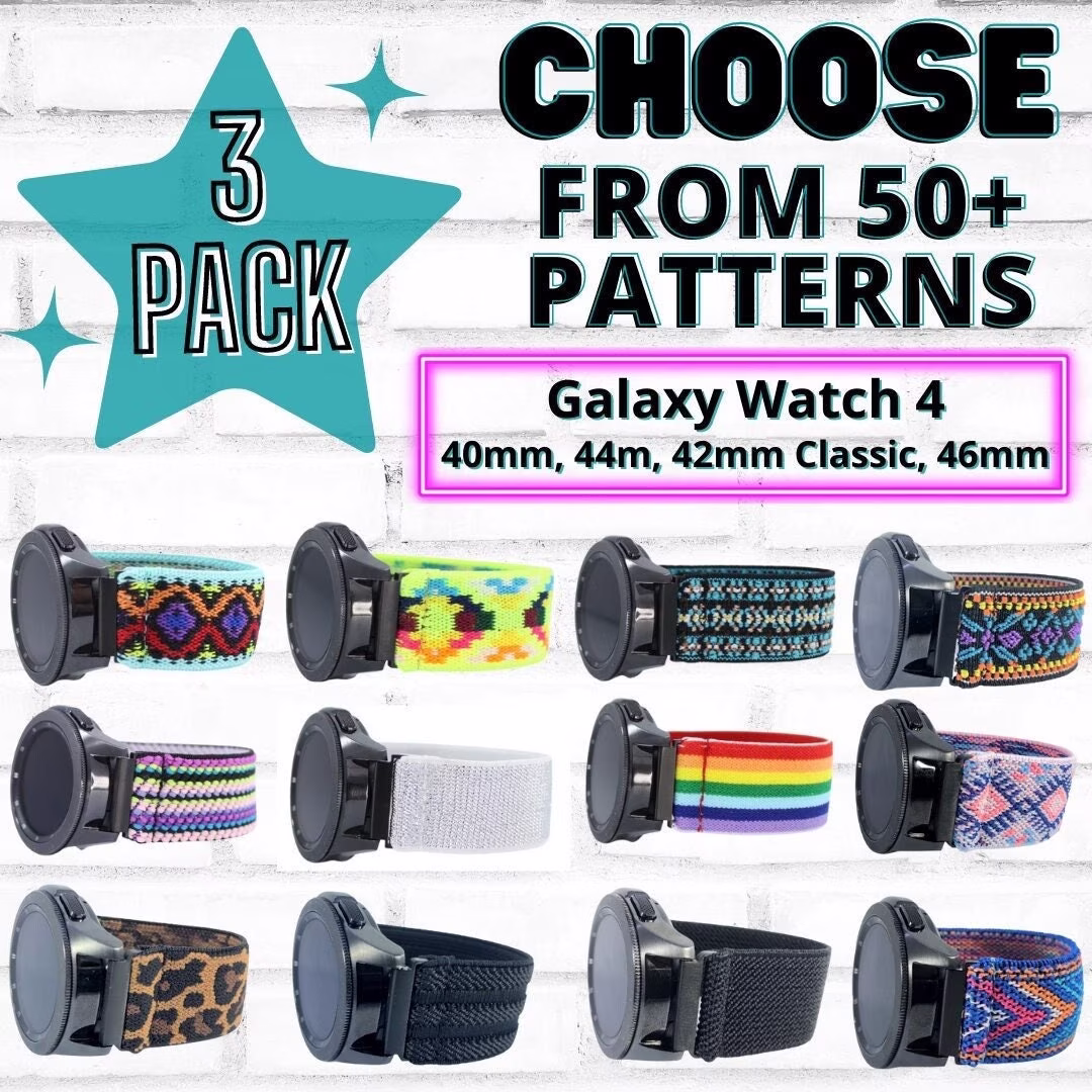 3 Pack - Elastic Watch Bands For Galaxy 4 All Models Includes 20mm Adapters Choose Your Patterns 50+ Color Options Bundle