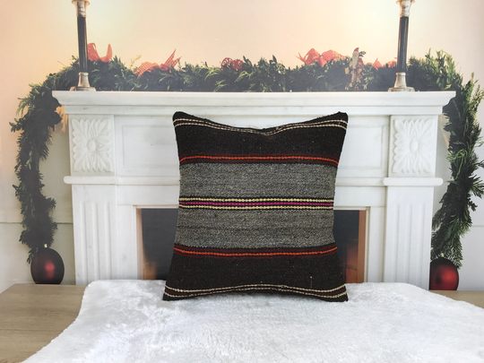 Turkish Kilim Cushion, Black Sofa Pillow, Pillow Cover, Accent Wool Garden Pillows, Boho Decor, 18x18 Inches 4843