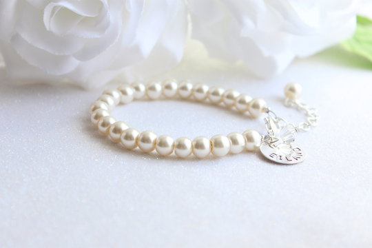 Cream Pearls Sterling Silver Name Bracelet, Flower Girl Gift, Girls Pearl Bracelet Kids Jewelry, Keepsake