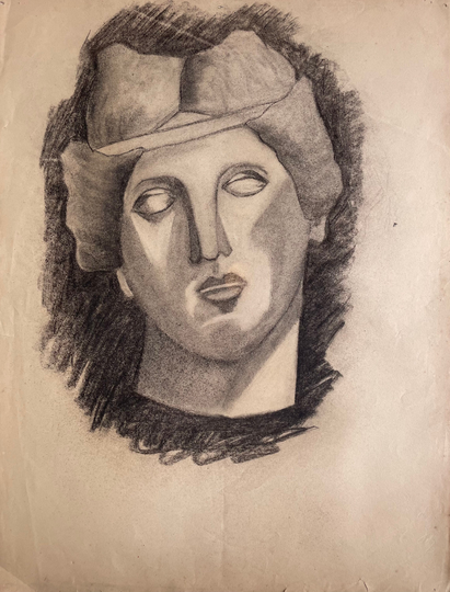 1890S French Antique Pencil Drawing On Paper. Portrait Of Ancient Roman Woman