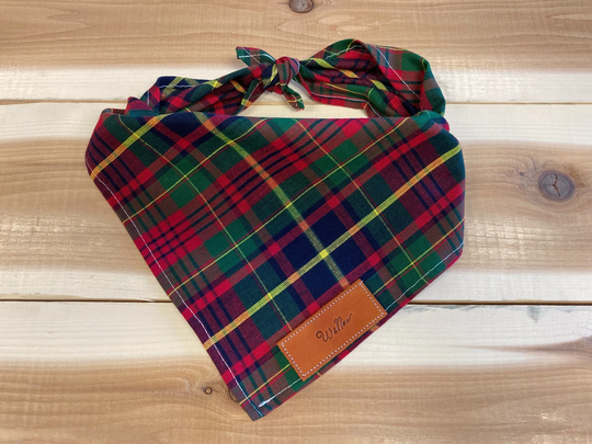 Dog Bandanas, Red Green Yellow Tartan Plaid, Bandana, Traditional Tie, Personalized Leather Name Tag Bandanna, Bandana Over Collar