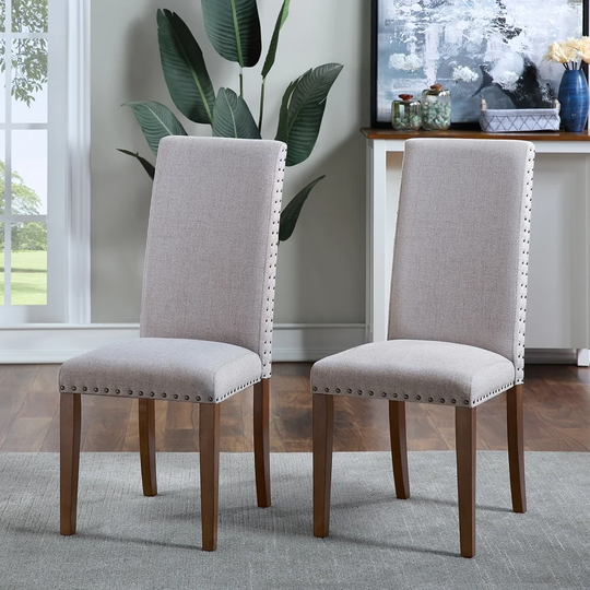 Upholstered Dining Chairs - Dining Chairs Set of 2 Fabric Dining Chairs with Copper Nails and Solid Wood Legs