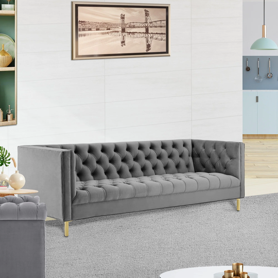 Kayenta Modern Grey Velvet Upholstered Button Tufted Sofa with Gold Legs