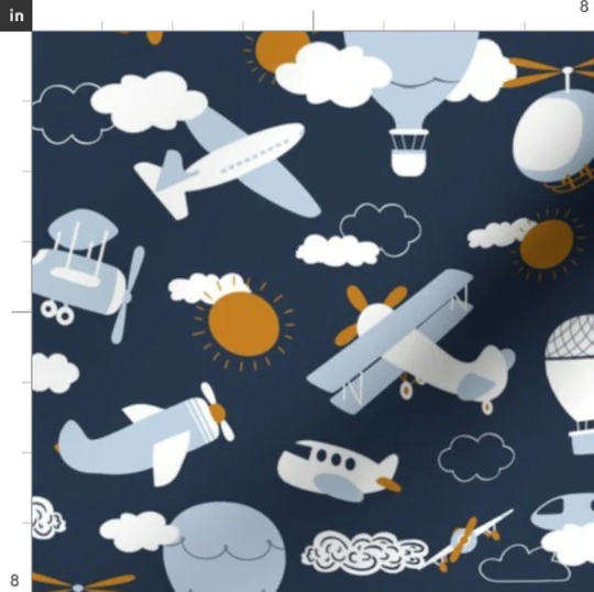 Sky Travel Fabric By The Yard | Airplane Air Hot Balloon Helicopter Print To Order