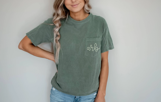 Monogrammed Comfort Colors Embroidery Tee | Short Sleeve Pocket T-Shirt Unisex Vintage Pigment Dyed Initial Tee