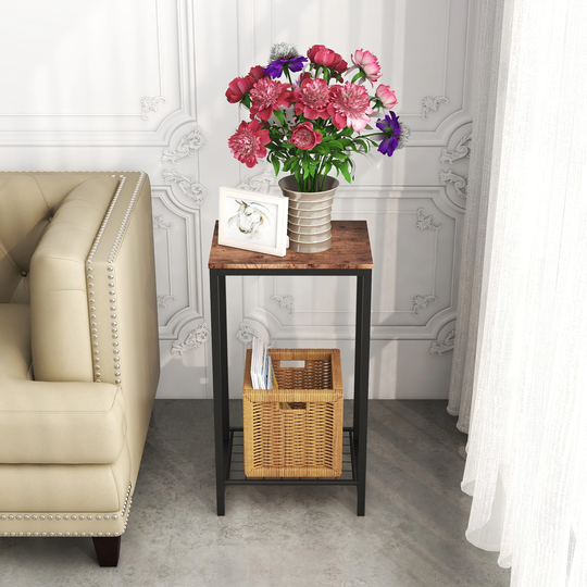 2-Tier End Table, Industrial Side Table Nightstand With Durable Metal Frame, Coffee Table With Mesh Shelves For Living Room,