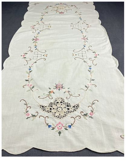 Embroidered Table Runner | Vintage Cream, Crochet & Cross Stitch Floral Pastels Linen With Scalloped Edges