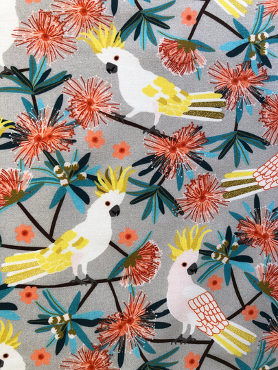 Crested Cockatoo & Eucalyptus Flower Gray Floral Quilting Cotton Fabric By 1/2 Yard Or Fat Quarter, Australian Native Bird