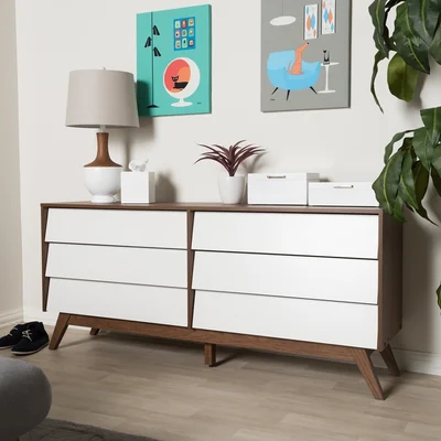 Blinda Mid-Century Modern White And Walnut Wood 6-Drawer Storage Dresser