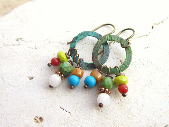 Multi Stone Dangle Earrings. Color Semi Precious Cluster Verdigris Jewelry. Rustic Colorful Jewelry