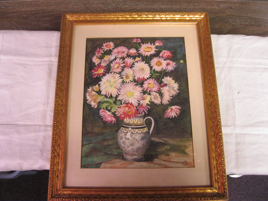 1942 Framed Colored Pencil Drawing Of Flowers in A Vase By An Artist With The Initials Amb