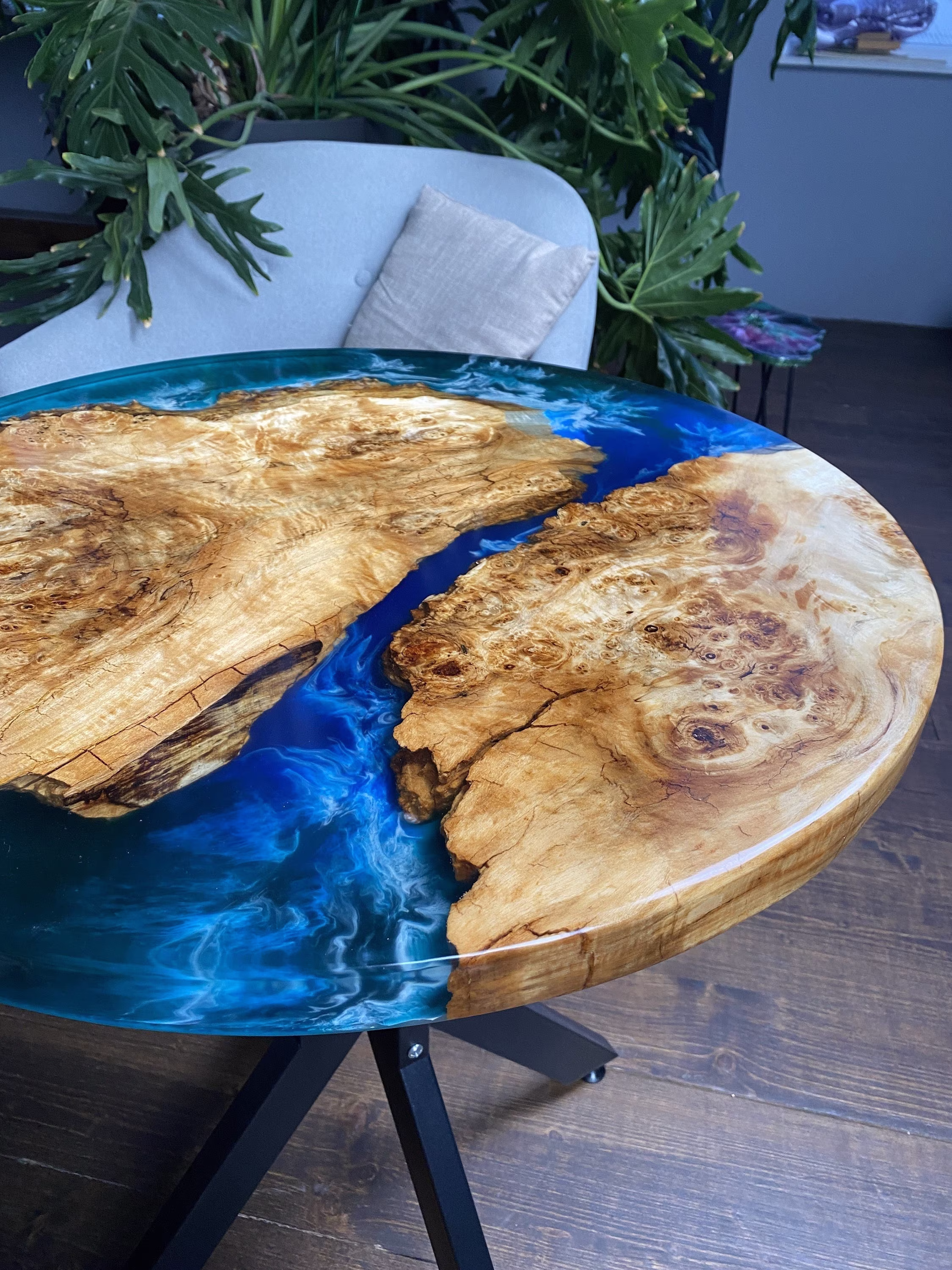 Round Wooden Table, Epoxy Resin Handmade Coffee Living Room Modern Table Handcrafted