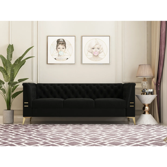 Modern Style 82.67" Velvet Square Arms Tufted Seat & Back Cushion Sofa 3 Seat Sofa