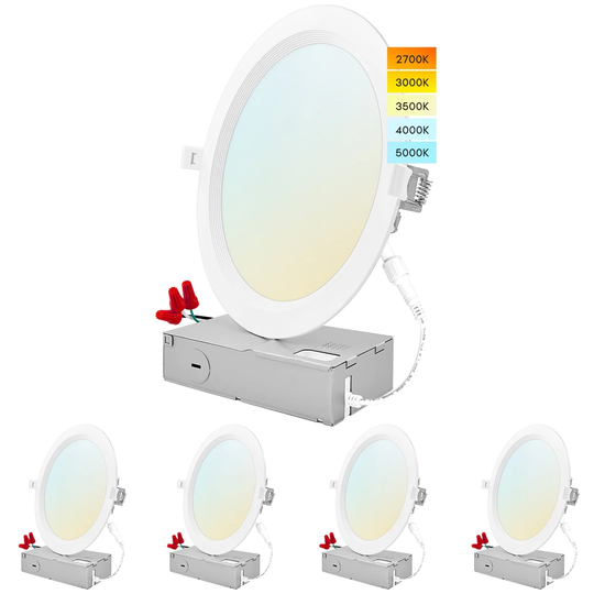 Luxrite 8" Ultra Thin LED Recessed Light J-Box 23W 5 Color Options Dimmable 1800 Lumens IC Rated Baffle 4 Pack