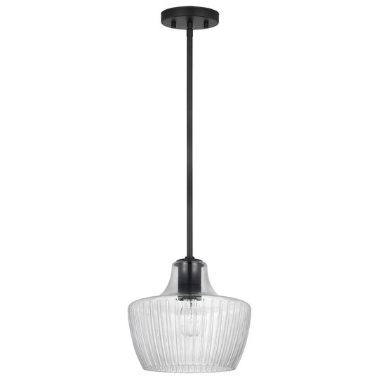 Destin 1 Light Mini Pendant Medium Base 60 Watt Black And Silver Accent Finish Clear Ribbed Glass
