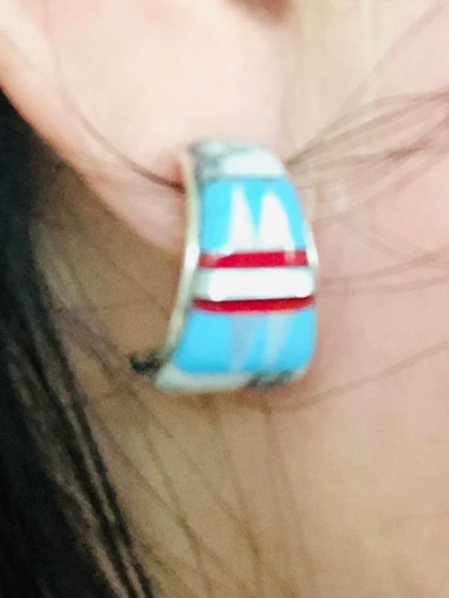 Multi Color Hoop Earrings/Colorful Inlay Earrings/Sterling Silver Mix Color Earrings/Inlay Jewelry/Multi Stud Earrings