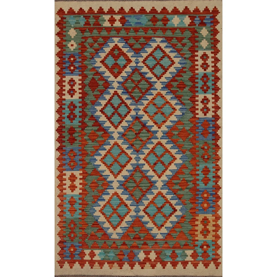 Multi-Color Kilim Area Rug Hand-woven Oriental Wool Carpet - 4'2" x 6'6"