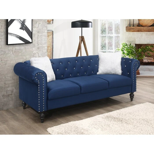 Upholstered Sofa with Tufted Luxurious Velvet Fabric, Glam Sofa with Head Application and Solid Wood Legs, Blue