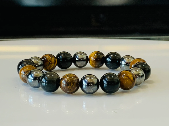 Triple Protection Bracelet Tiger Eye, Black Obsidian, & Hematite, Crystals, Stretch Bracelet, Gemstone Bead Bracelet