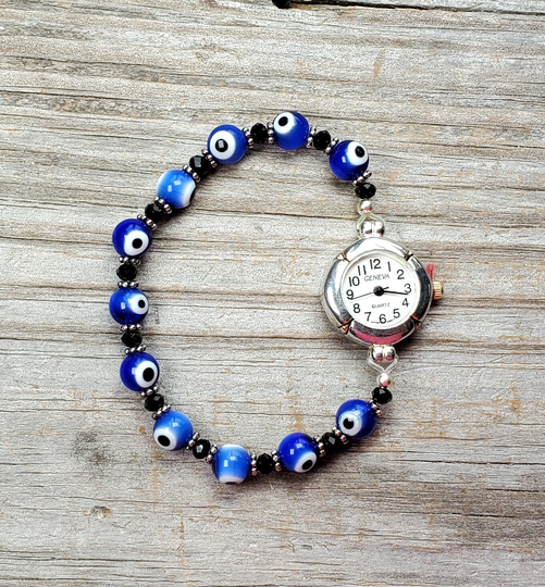 Evil Eye Glass Beaded Watch, Very Durable Stretchy Band, Multiple Sizes Available