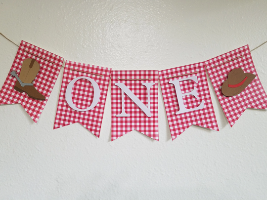 High Chair Banner, One Red Gingham Banner, Cowboy Party Boot & Hat