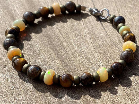 Men's Personal Power Ethiopian Welo Fire Opal, Bronzite & Tigers Eye Bracelet Or Anklet With Positive Healing Energy