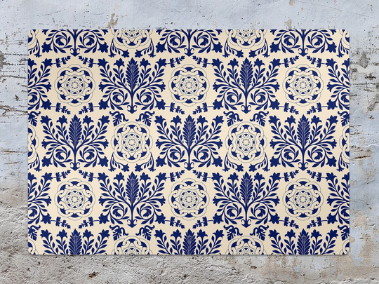 Dark Blue Damask Chair Mat, Navy Splat Beige Vinyl Floor Folk Protective Area Rug, Gift Idea, Splash Mat