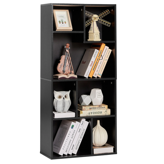VECELO, Widened Version, 3-Tier Seven Open Cube Wooden Bookcase Organizer, Bookcase / Book / Storage, White & Black
