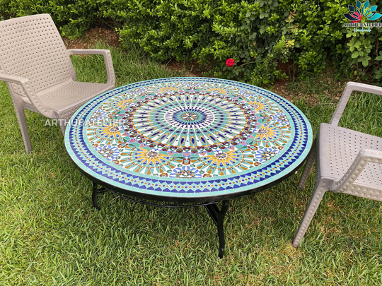 Unique Mosaic Table For Outdoor & Indoor Unique Mandala Design 100% Handcrafted, Large Luxury Round Table Made From Green Tiles