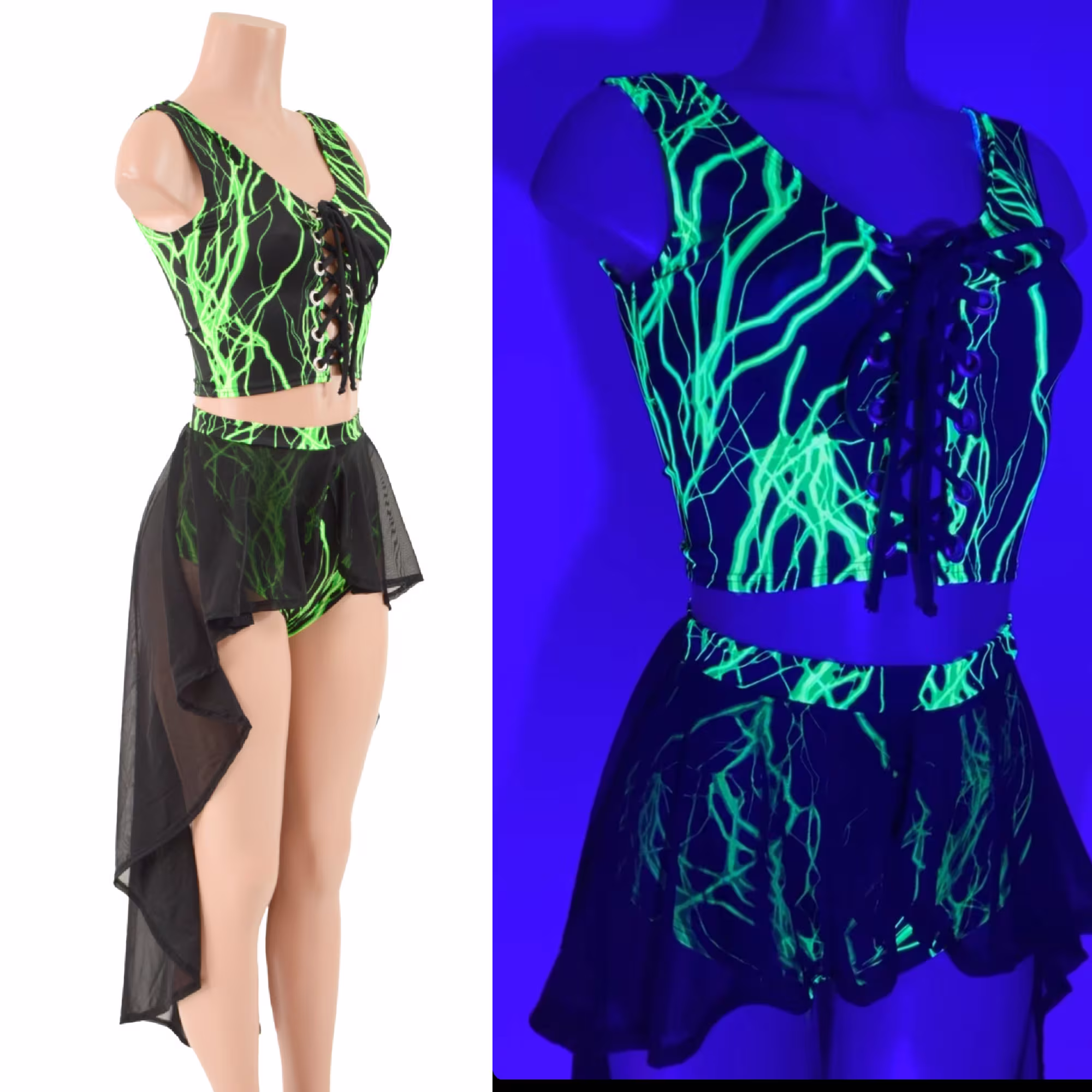 Green Lightning Uv Glow Laceup Crop Tank & High Waist Siren Shorts With Black Mesh Hi Lo Overskirt | 36" Back Length Emk157805