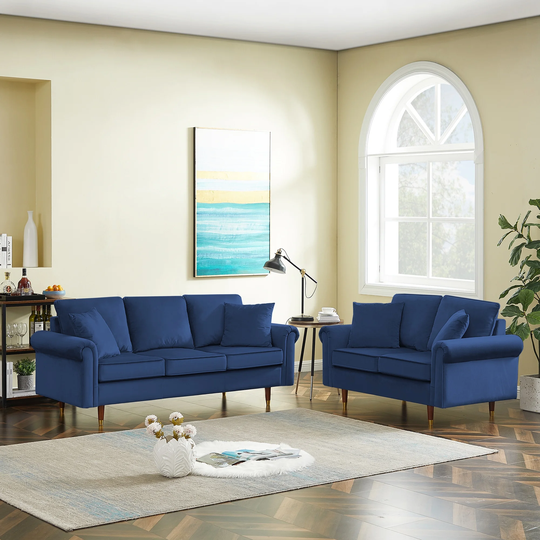 Modern Velvet Sofa Set, 2 Seater and 3 Seater Sofa With Wood Legs & Rolled Arms for Living Room and Apartment