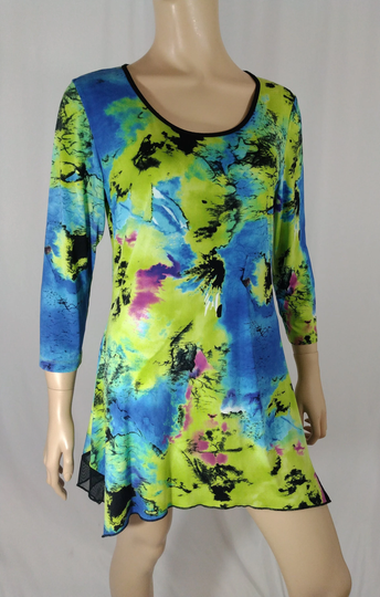 Peter Nygard Top Women's Colorful Blouse Wild Abstract Long Sleeve Extra Length Stretchy Silky Lux Like New Condition Vintage Size S