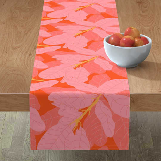 Tropical Leaf Table Runner - Fiddle Fig By Yesterdaycollection Bright Beachy Coral Cotton Sateen Spoonflower