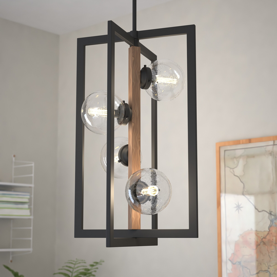Bridgeview 16-in Oil Rubbed Bronze and Wood Industrial 4 Light Chandelier, Hanging Ceiling Pendant