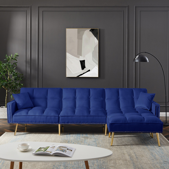 Velvet Upholstered Reversible Sectional Sofa Bed with Ottoman