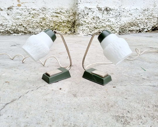 Mid Century Pair Of Milk Glass Table Lamps/Vintage Desk Bedside Retro Green White Bauhaus /Italy /'60S