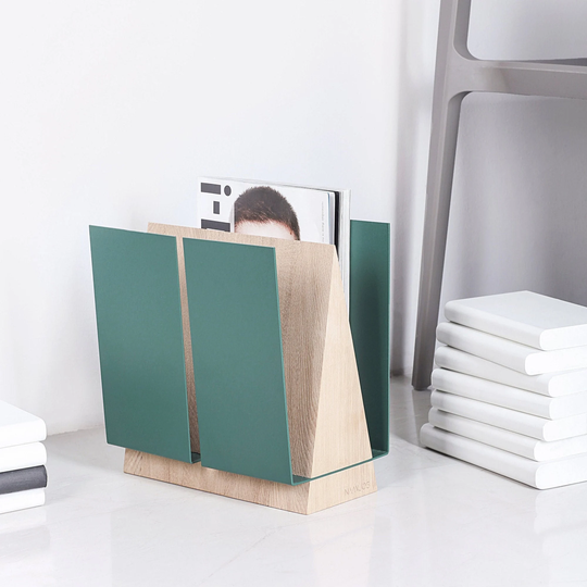 Green Magazine Rack, Wood Newspaper Holder, Modern Home Decor, Floor Tablet Storage, Waiting Room, Mid Century Decor