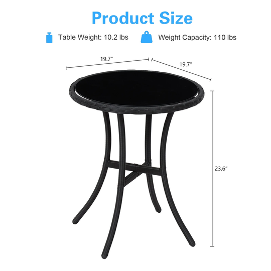 Patio PE Rattan Side Table, Outdoor Round Wicker Covered Edge w/ Tempered Glass Top, Rattan Iron Frame Table Coffee Dining Table