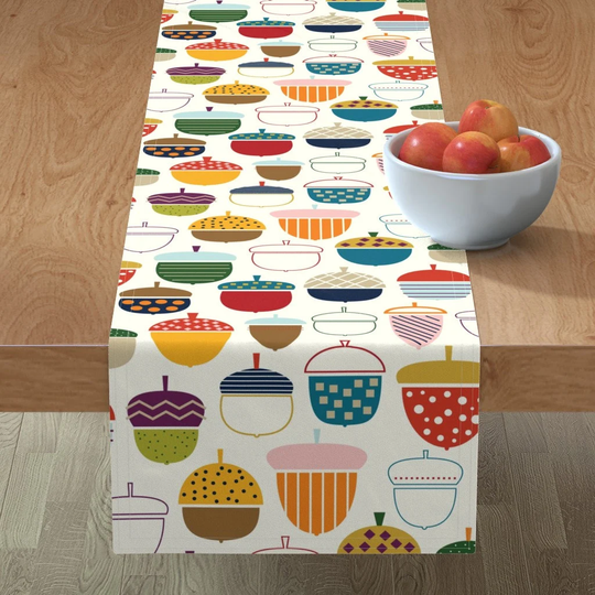 Autumn Table Runner - Colorful Happy Acorns By Katerhees Whimsical Fall Decor Thanksgiving Cotton Sateen Spoonflower